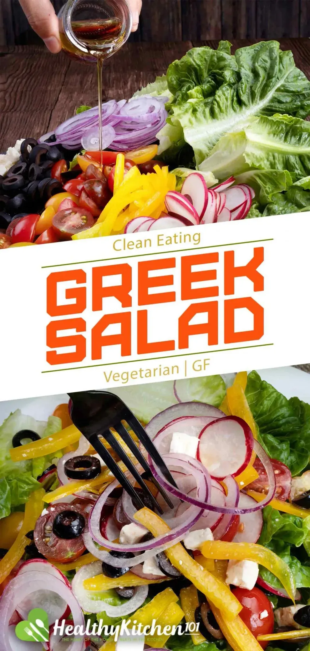 Two plates of Greek salad with vibrant vegetables and vinaigrette dressing under a banner that reads “Greek Salad”