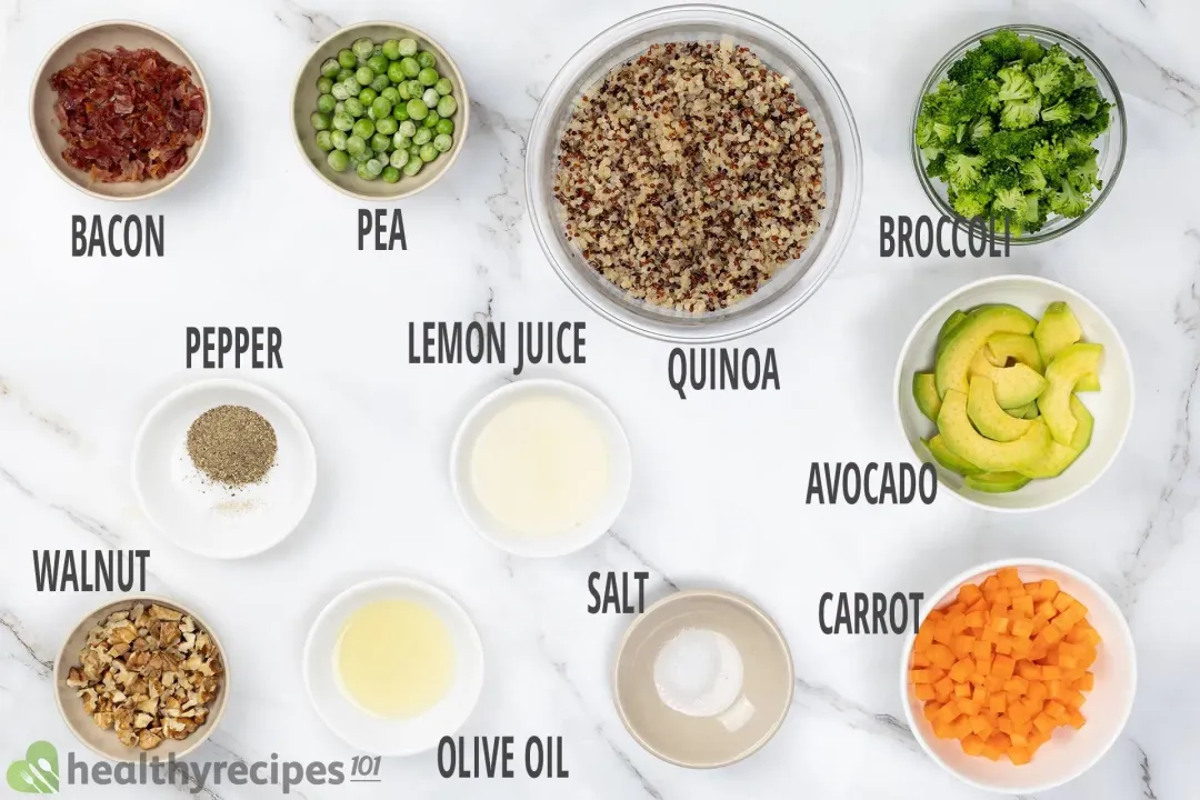 Ingredients in separate bowls: quinoa, broccoli, avocado, carrot, peas, bacon crumbles, and seasonings