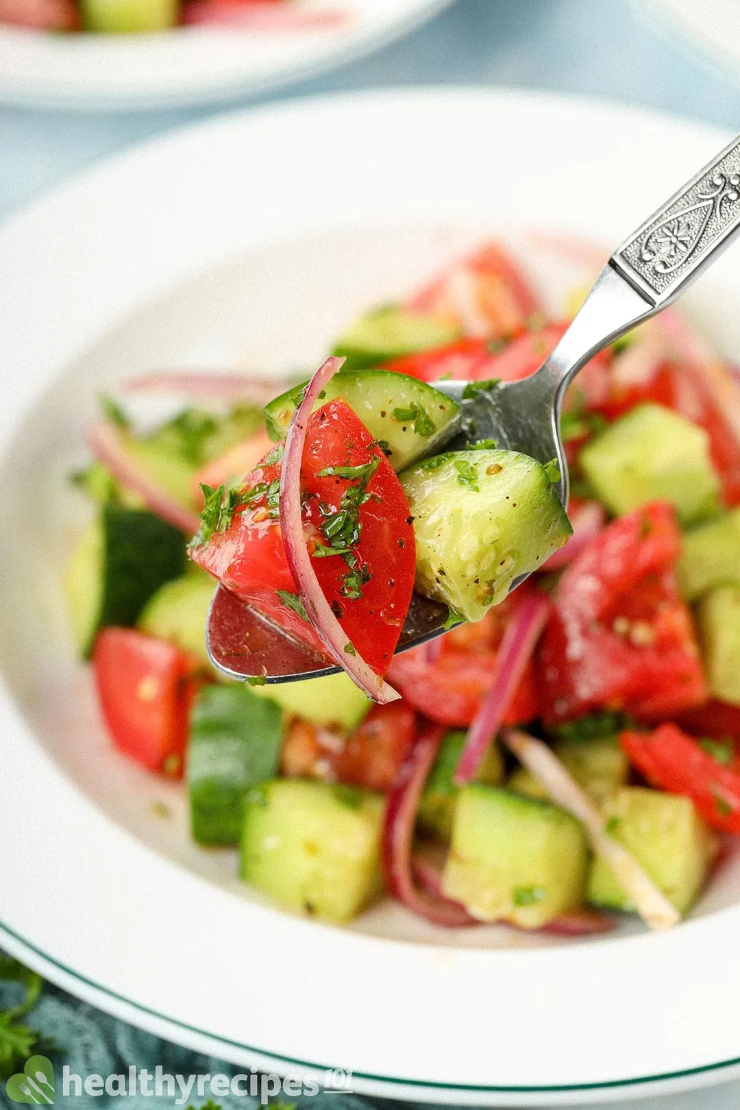 A spoon scooping up two cucumber quarter slices, a tomato wedge, and a thin red onion slice