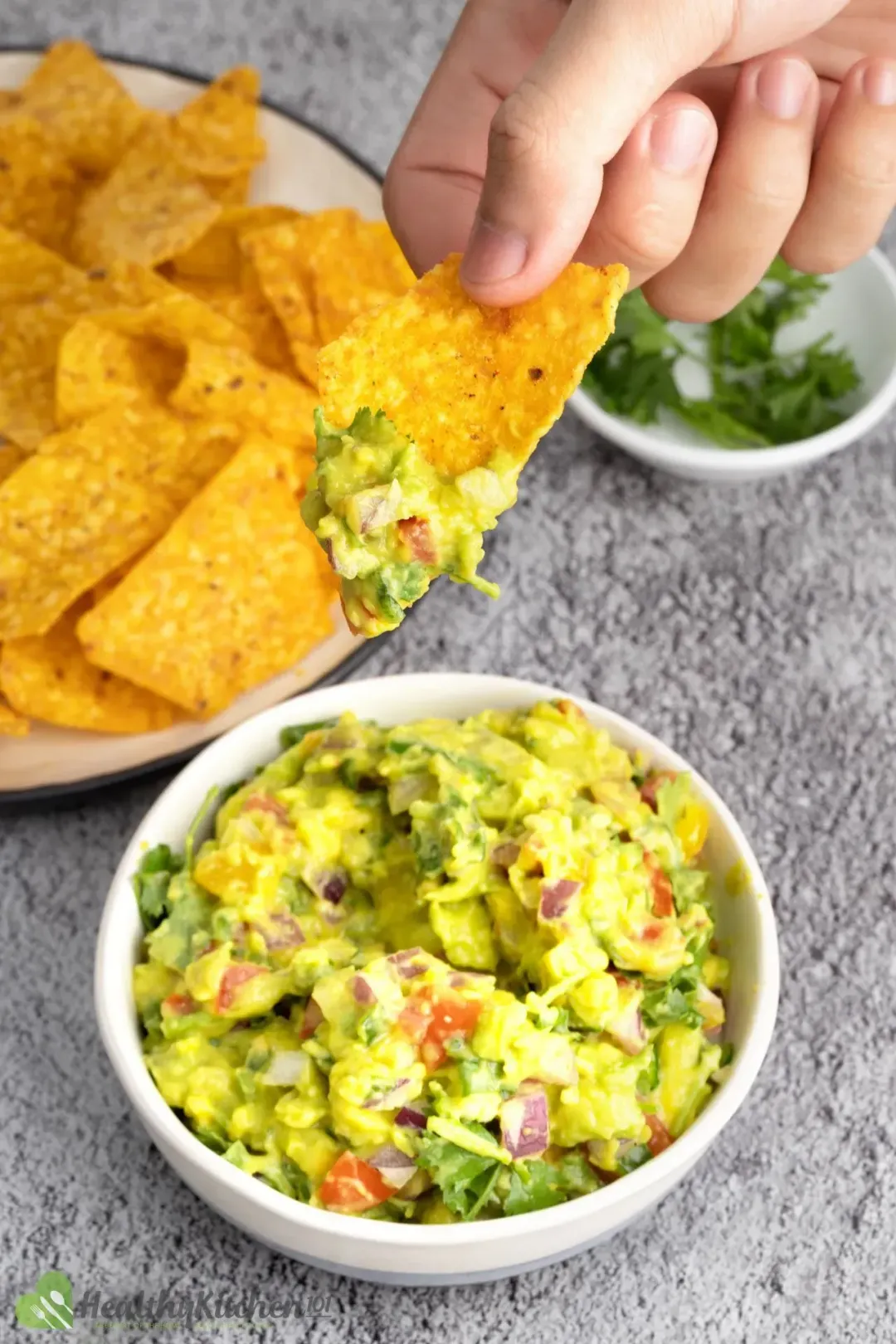 Guacamole dip served with tortilla chips