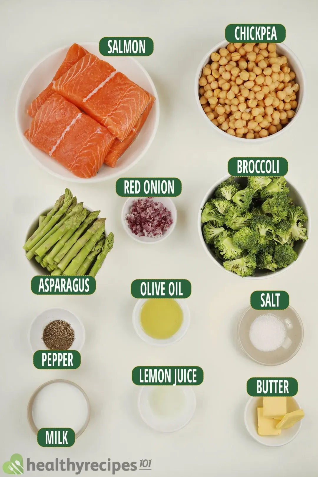 Ingredients for this crispy-skin salmon: boneless salmon fillets, canned chickpeas, broccoli florets, asparagus, diced red onions, unsalted butter, olive oil, lemon juice, whole milk, salt, and ground black pepper