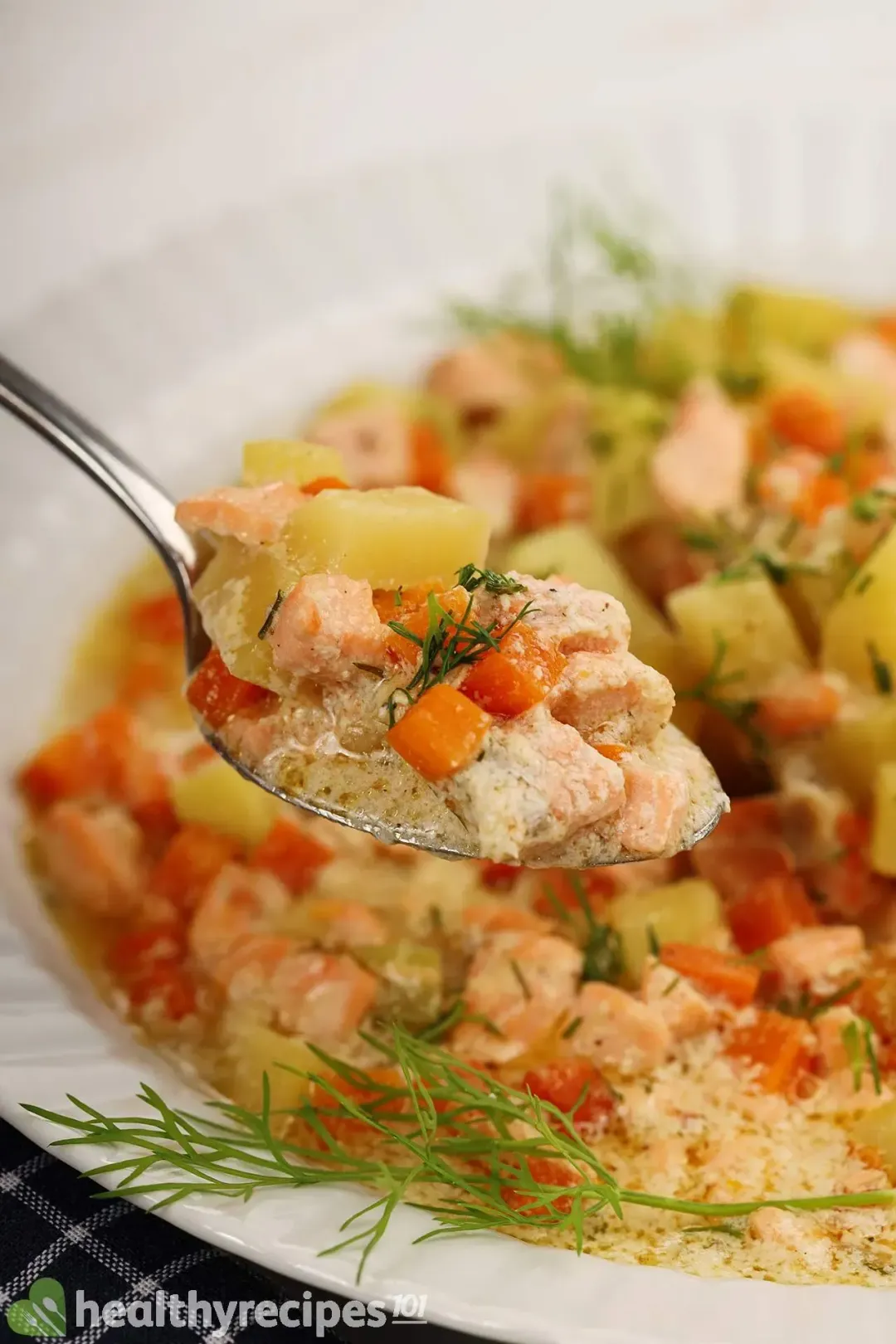 A spoon holding up coarsely-diced potatoes, coarsely-diced carrots, and salmon cubes in a pot of soup with a white deep plate of soup in the background