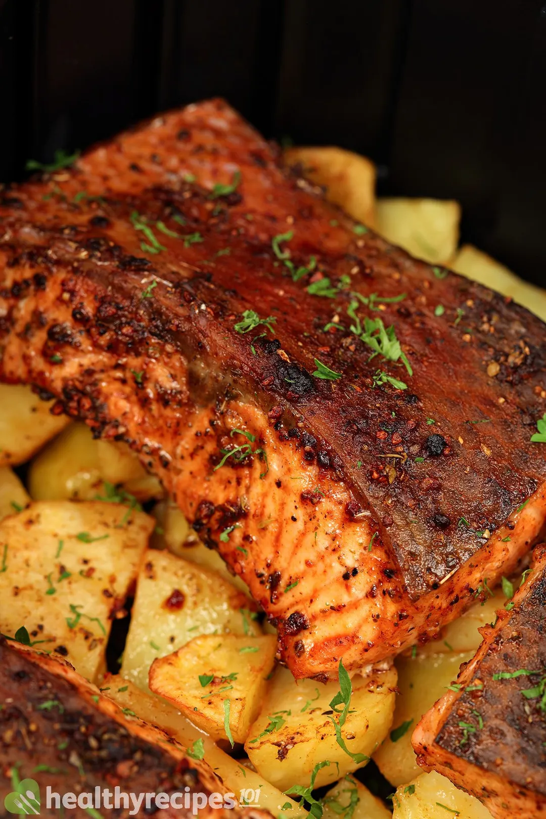 cooked salmon fillet in an air fryer