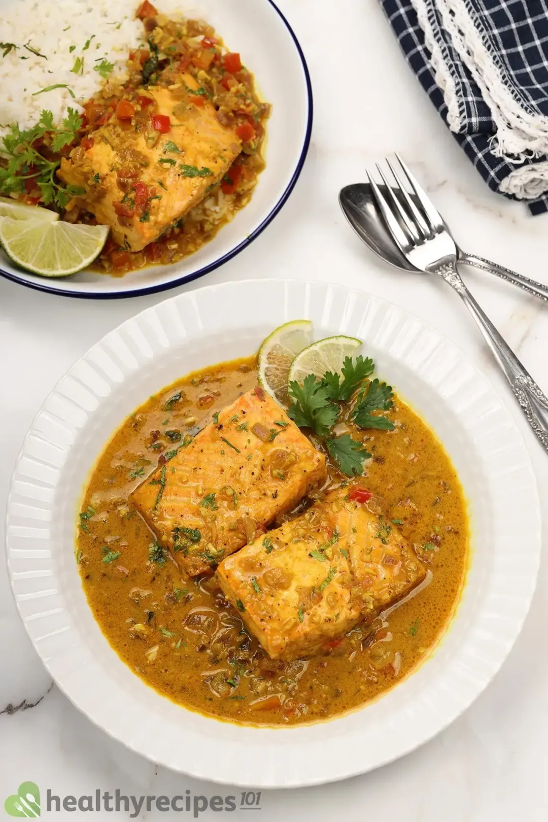 A white round deep plate containing two rectangle cooked salmon fillets drenched in a dark yellow curry