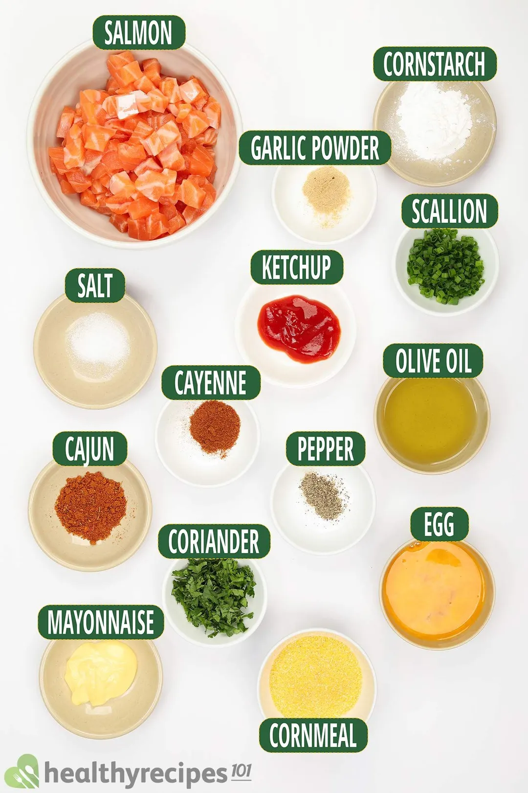 Ingredients list for Salmon patties in small bowls: cornmeal, salmon, cornstarch, olive oil, ketchup, mayonnaise