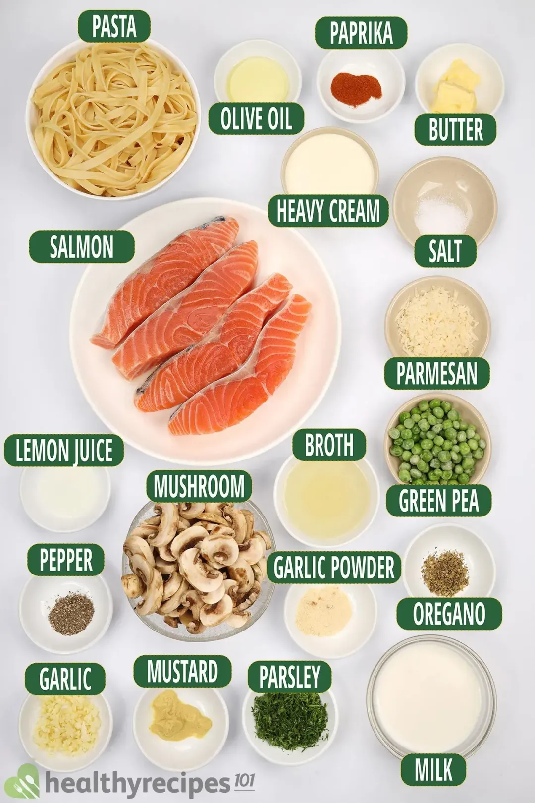 A round plate containing four raw salmon fillets, a bowl of sliced white mushrooms, a bowl of green peas, and a bowl of fettuccine pasta laid near various condiments