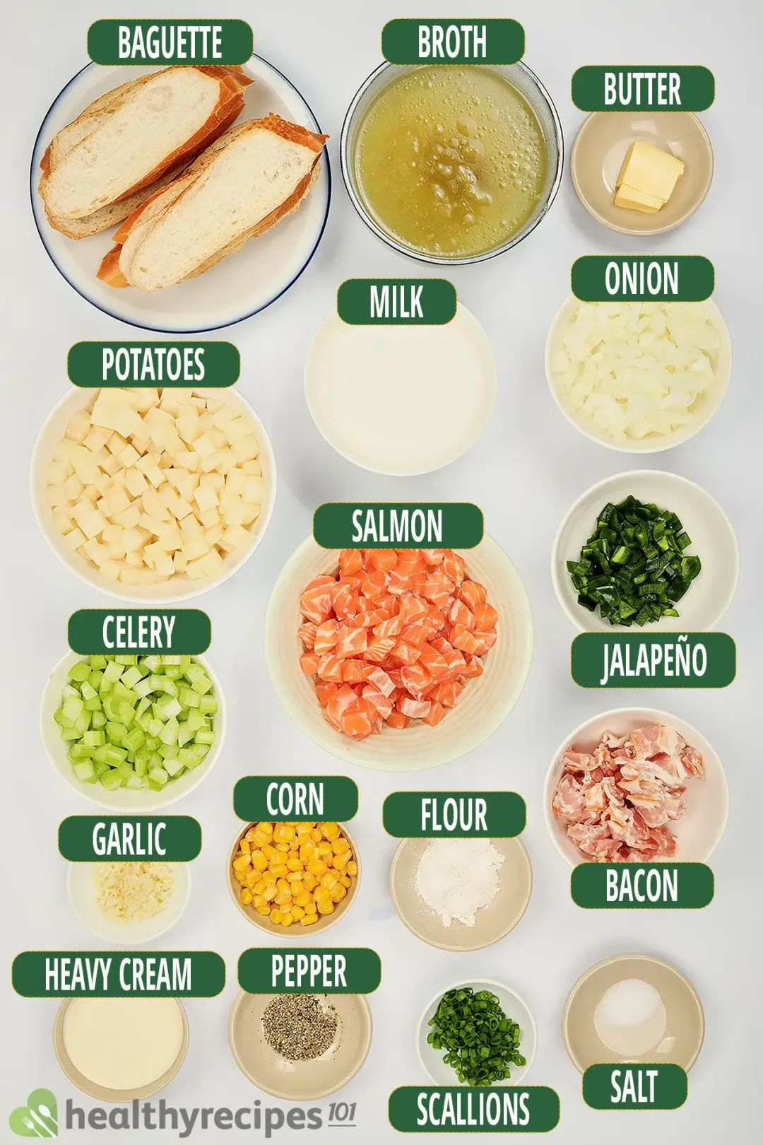 Ingredients for this salmon chowder: diced salmon, bacon, sliced baguette, broth, corn kernels, diced celery, diced potatoes, cubed jalapeno, diced onions, chopped scallions, heavy cream, other seasonings and herbs