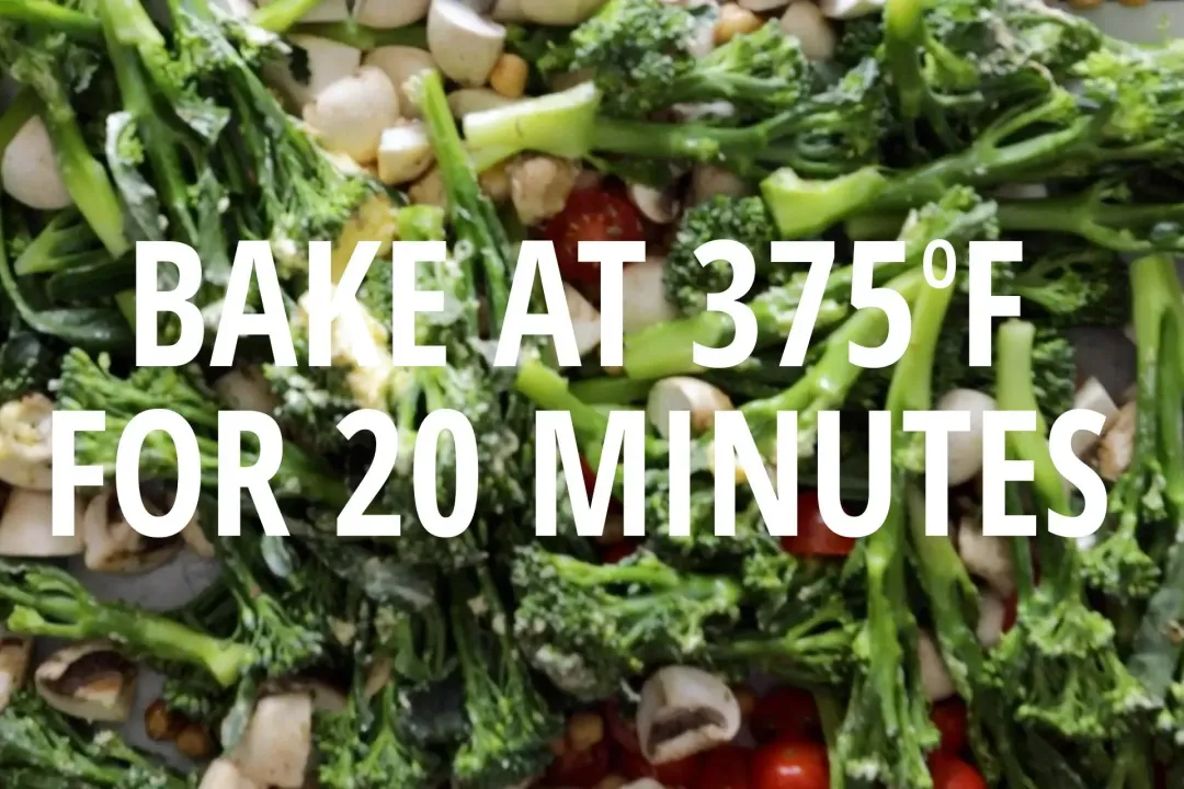 A picture of cooking instructions with a bunch of broccolini, white mushrooms, and cherry tomatoes in the background