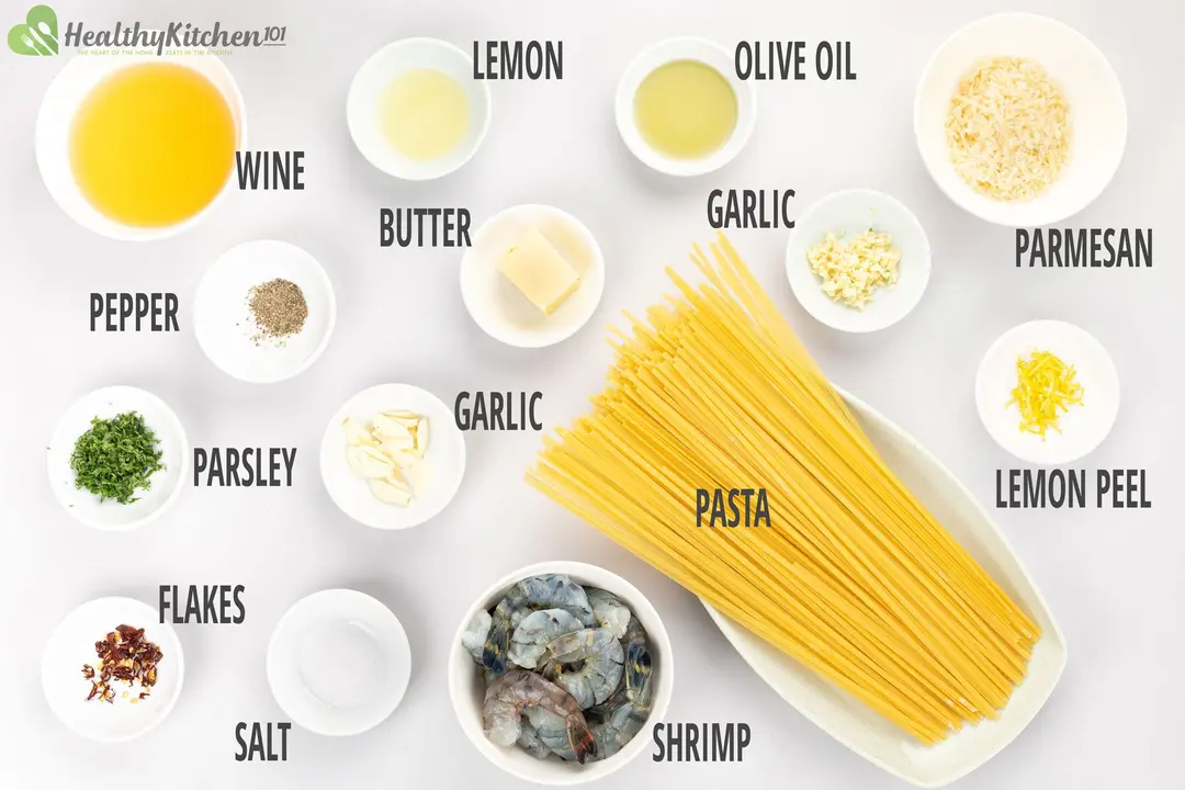 Ingredients in separate bowls and plates: raw fettucine, peeled shrimp, wine, parmesan, and others