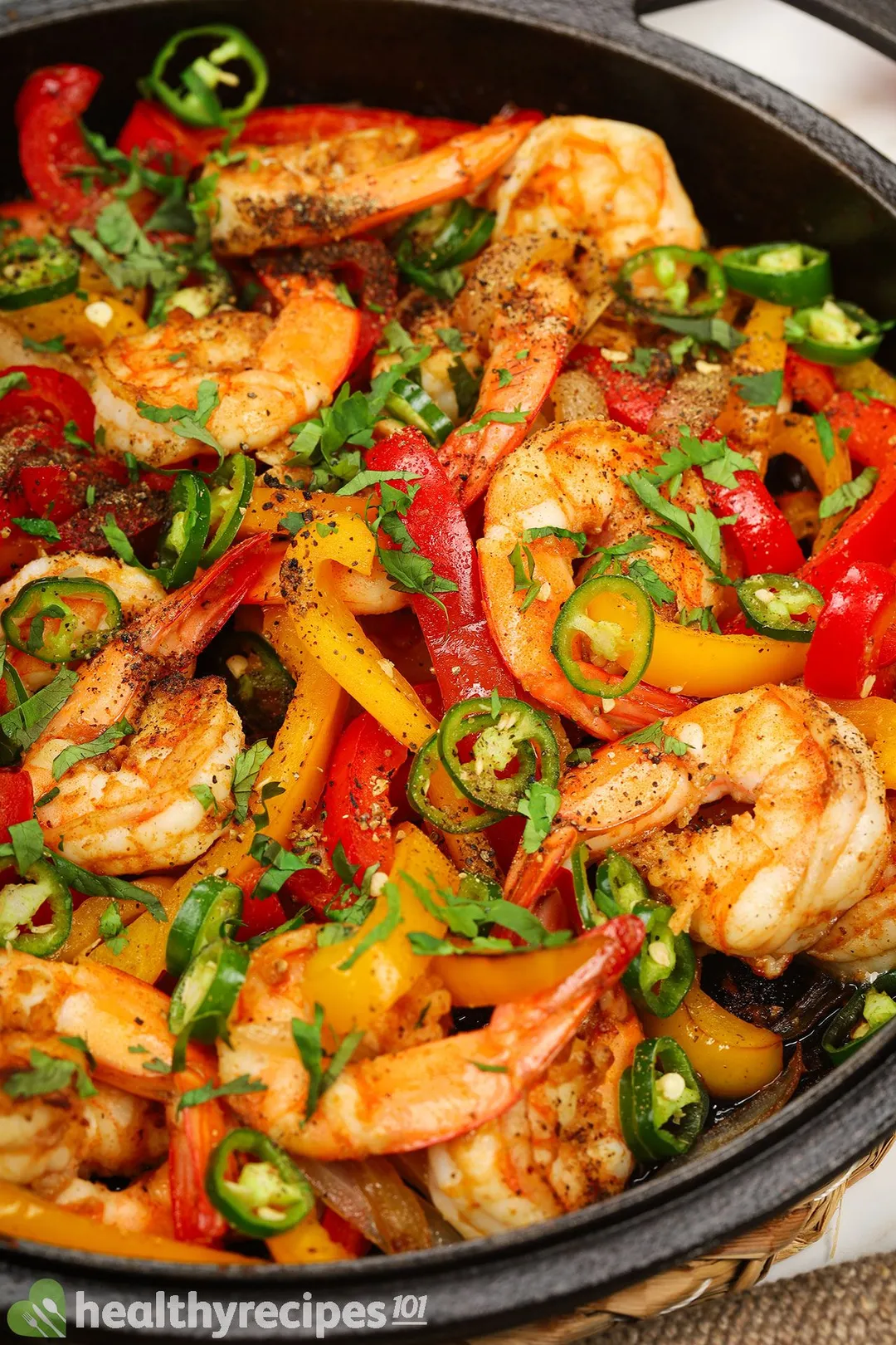 cooked shrimp in a cast iron skillet