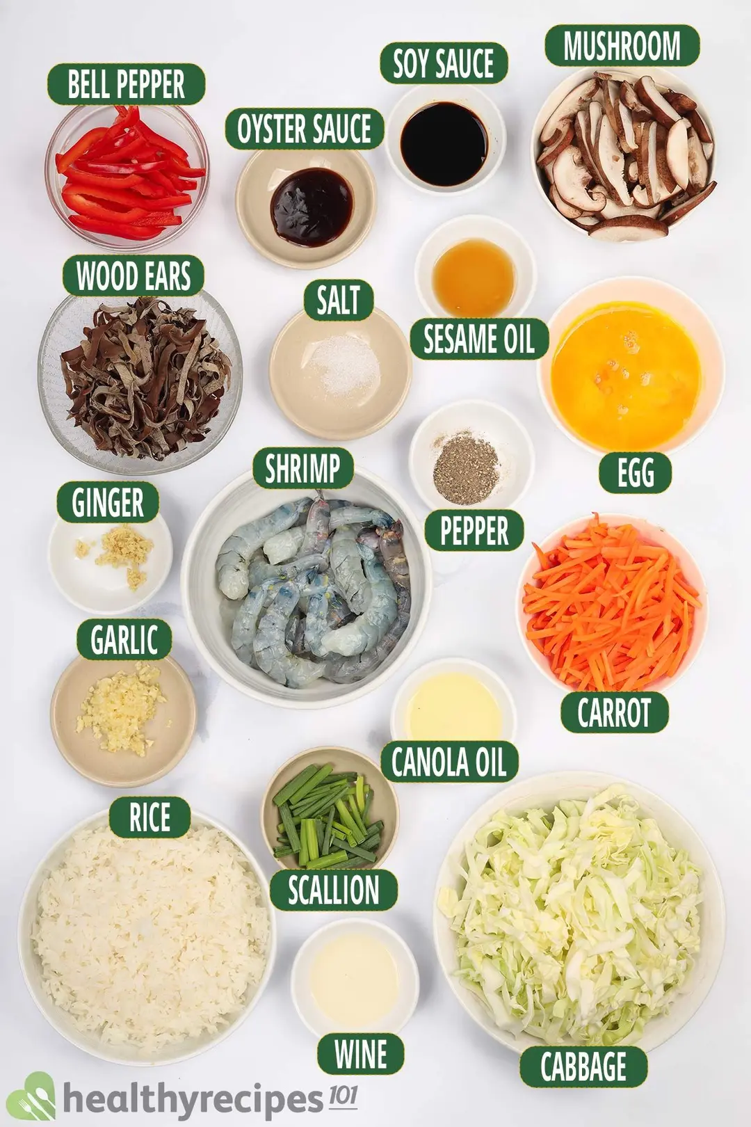 Colorful ingredients of moo shu shrimp: shredded cabbage, carrots, wood ears, mushrooms, shrimp, rice, and seasonings