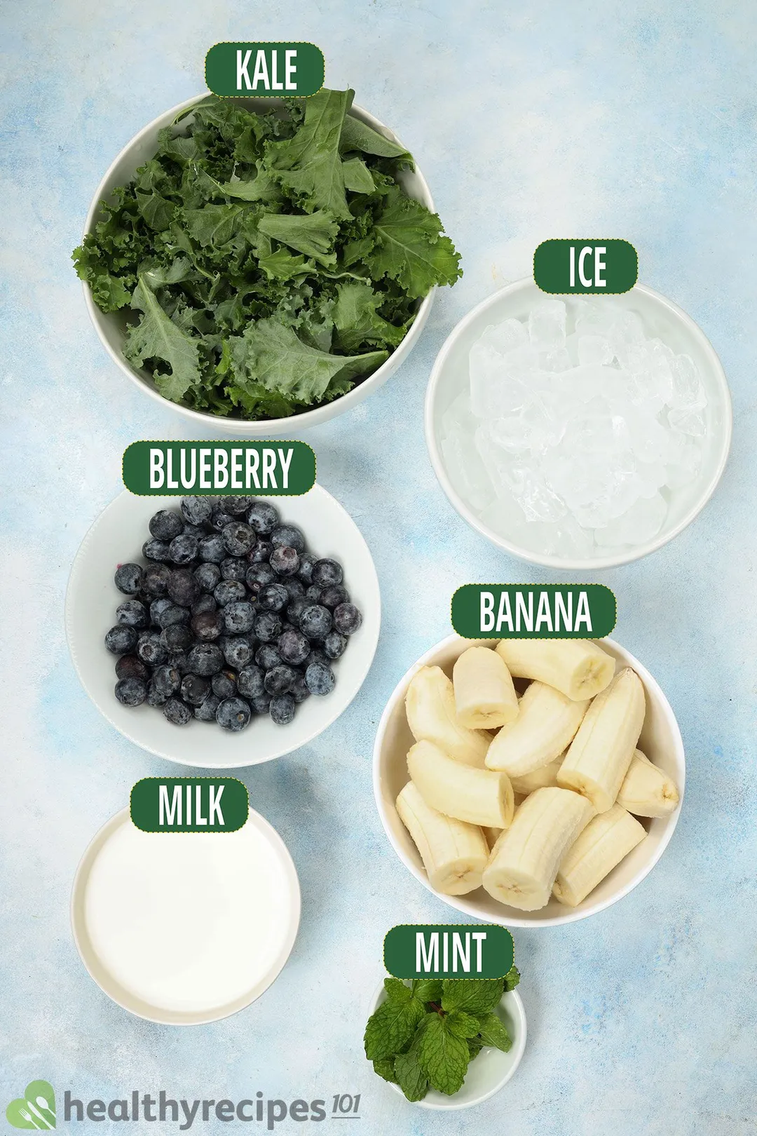 ingredients bowls for blueberry kale smoothie