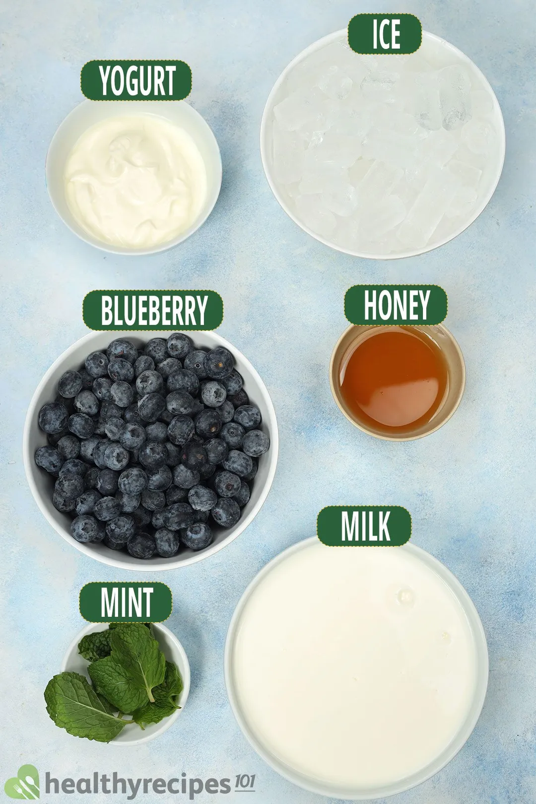 ingredient bowls for blueberry yogurt smoothie