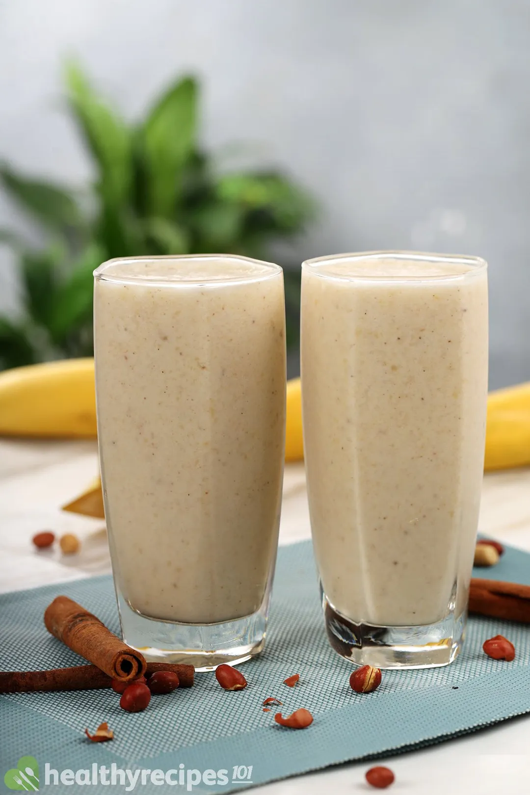 Two glasses of Peanut Butter Banana Smoothie, a cinnamon stick, and some roasted peanuts placed on a blue cloth with some unpeeled yellow bananas in the back.