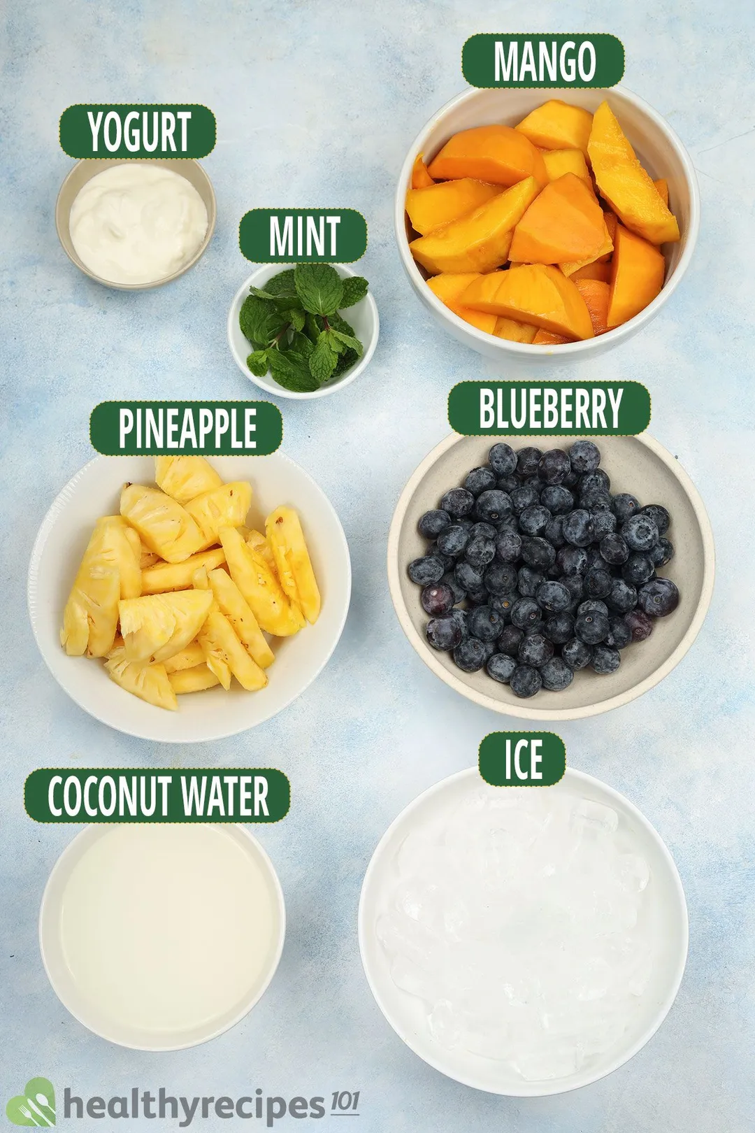ingredients for blueberry mango smoothie in bowls