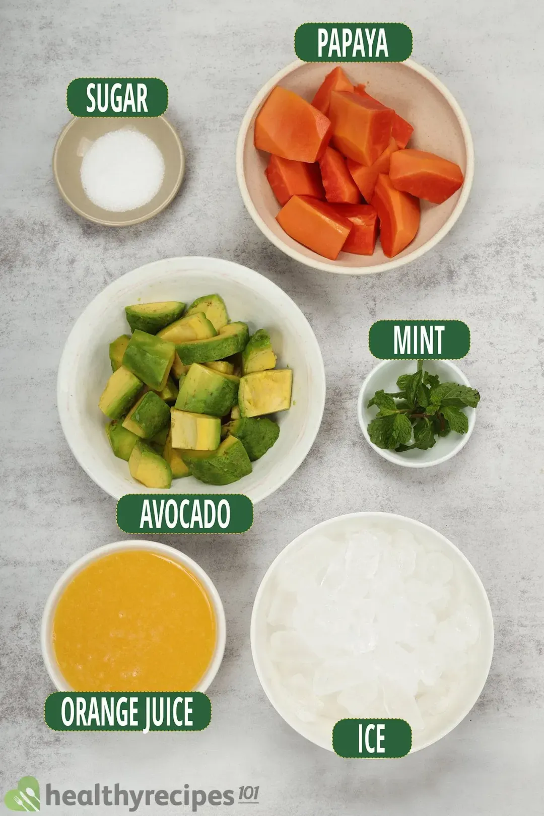 Ingredients for OurAvocado Papaya Smoothie