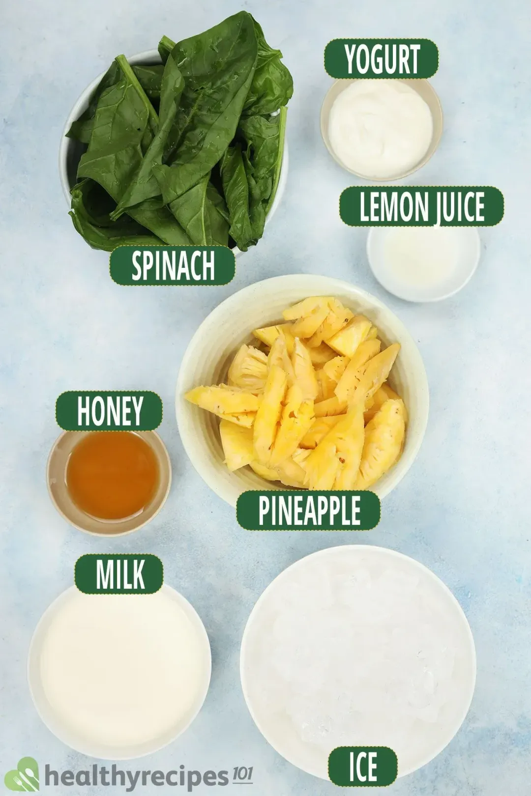 Ingredients: Spinach, yogurt, lemon juice, honey, chunks of pineapple, milk, and ice nuggets, all put in separate bowls
