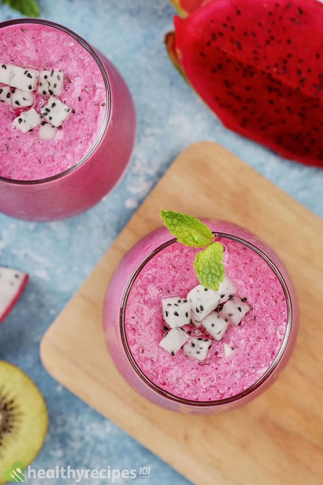 A high-angle shot of two Dragon Fruit Smoothie glasses.