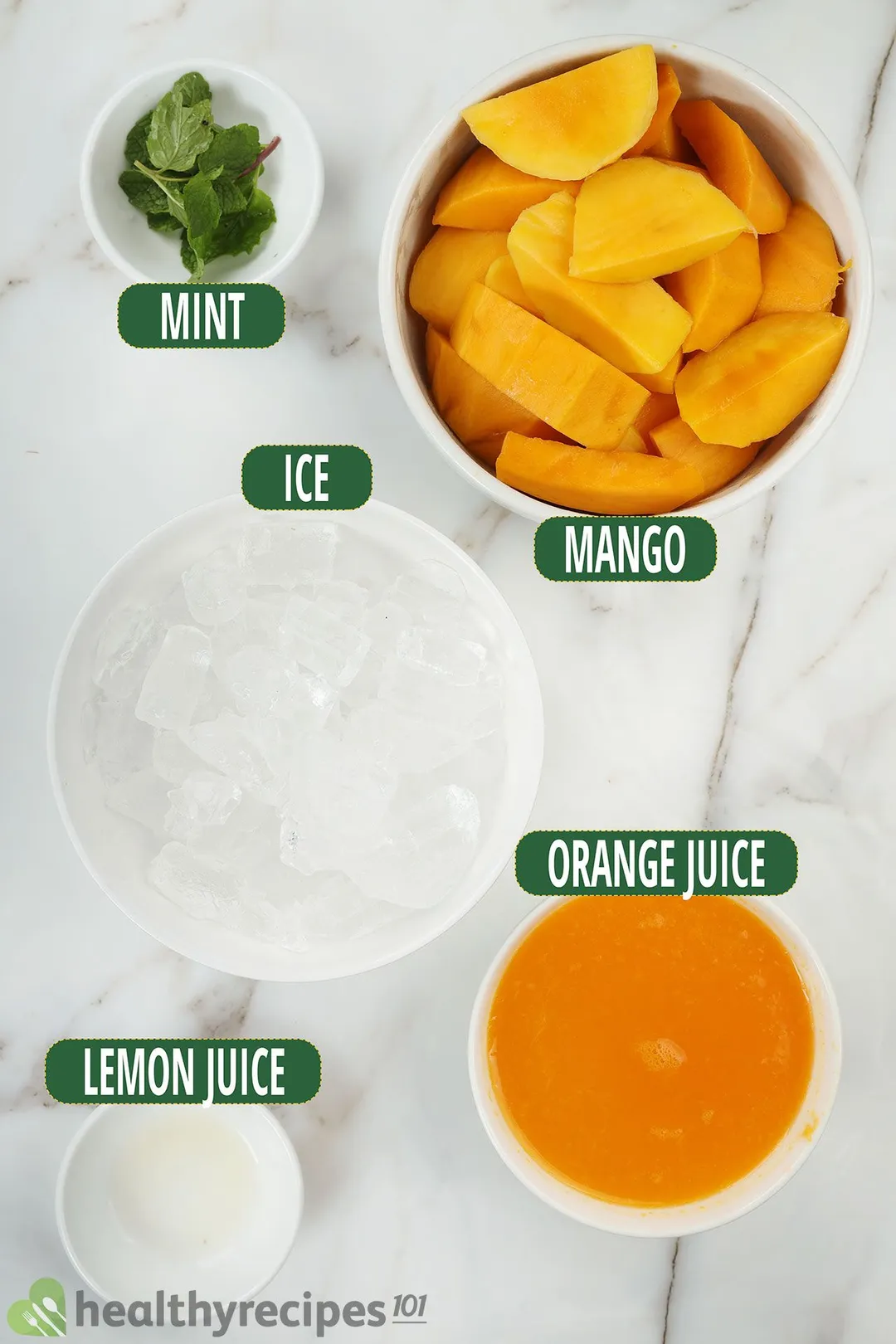 five bowls of: mint, mango cubes, ice, orange juice and lemon juice