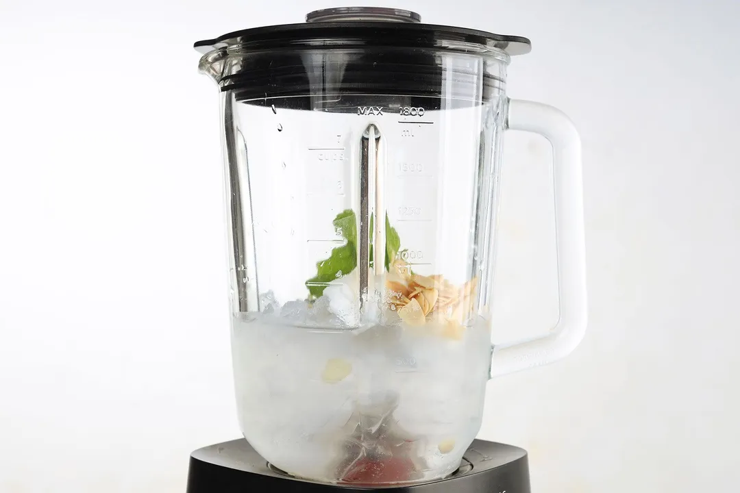 front shot of a blender pitcher with ice, coconut water, almond and mint leaves in it