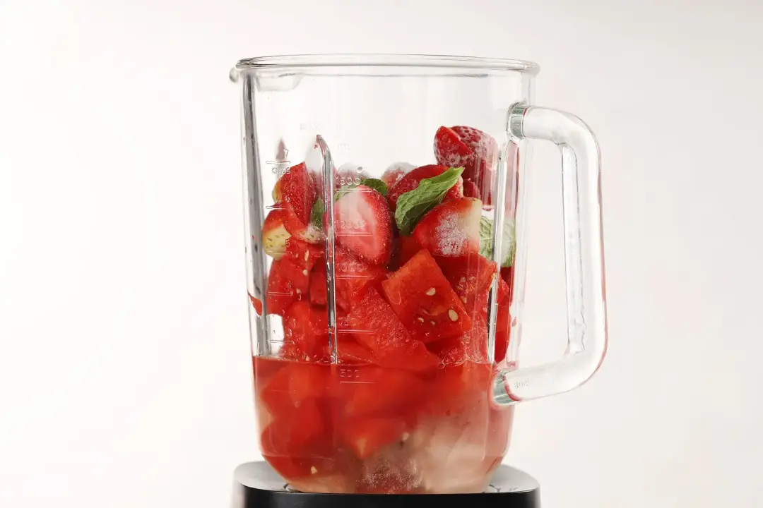 All the ingredients for this watermelon mojito smoothie in a blender, ready to be blended