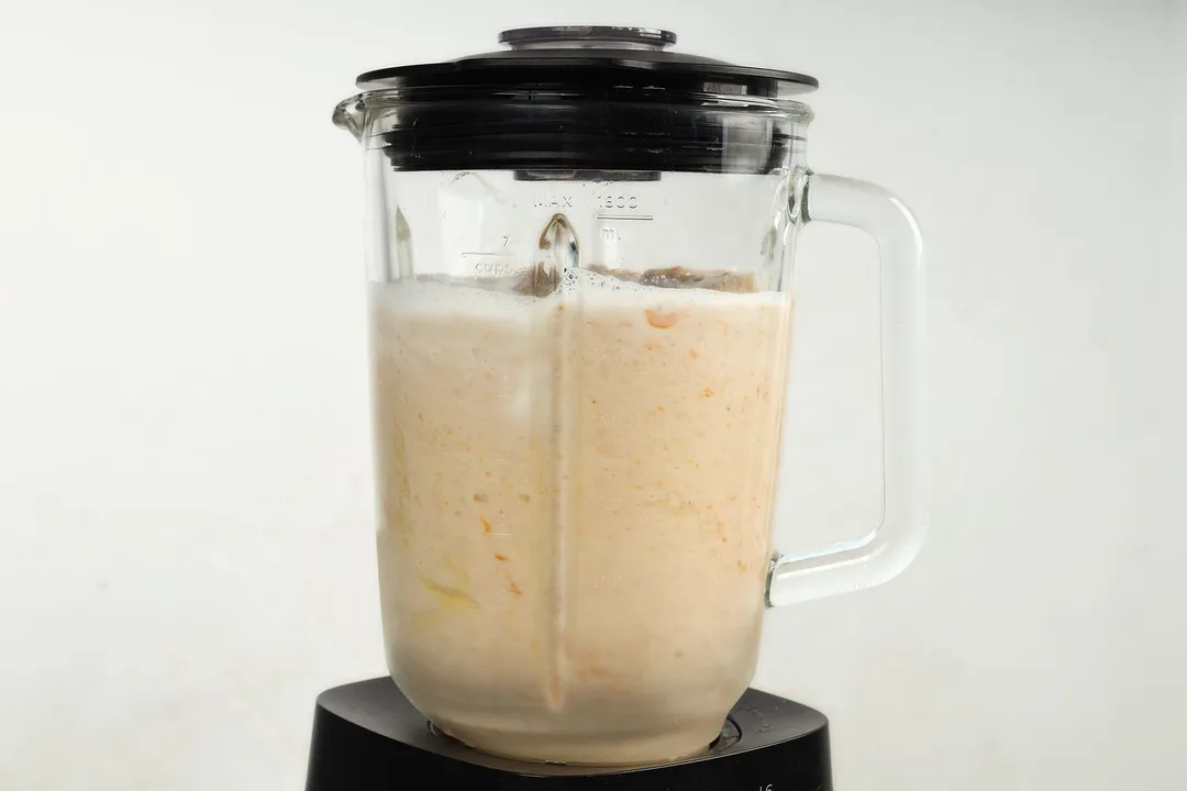 front shot of Mango Banana Smoothie in a blender