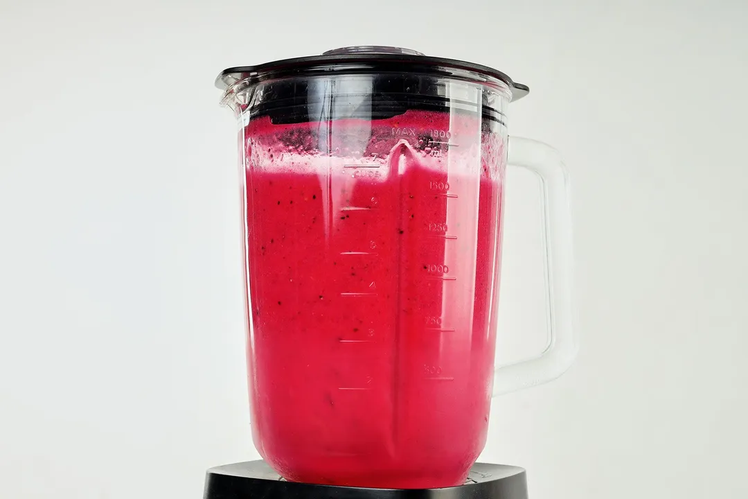 front shot of Mango Dragon Fruit Smoothie in a blender pitcher