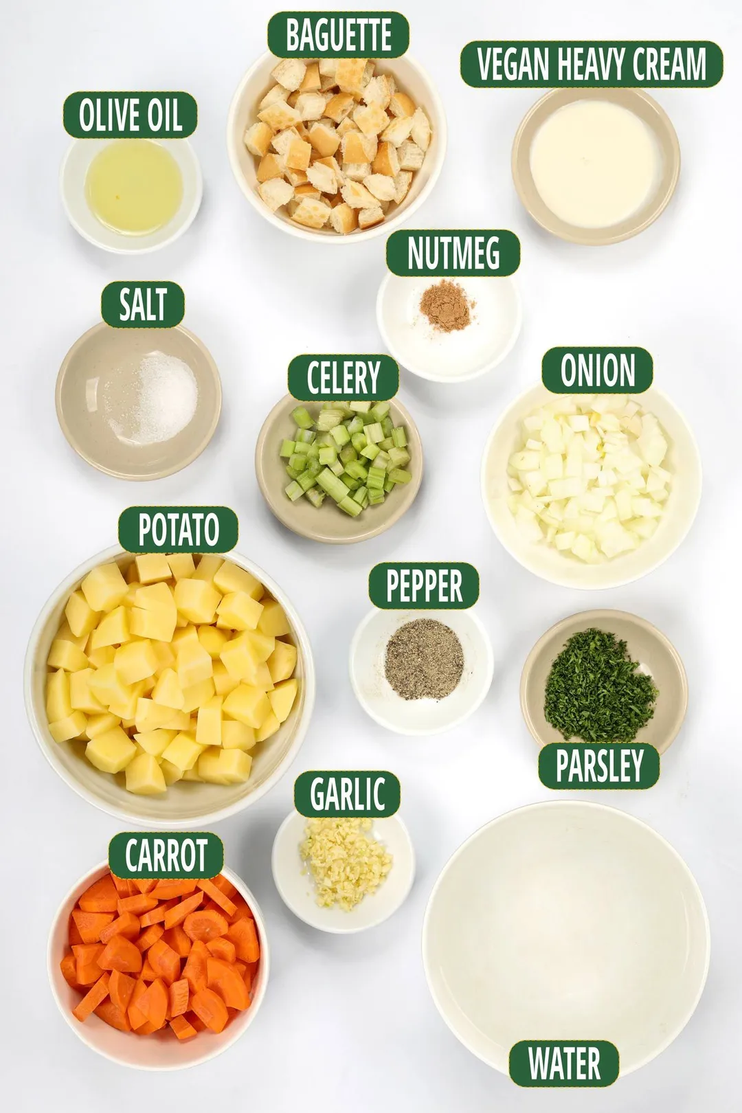 Ingredients for Potato Soup: cubed potato, heavy cream, carrot, celery,...