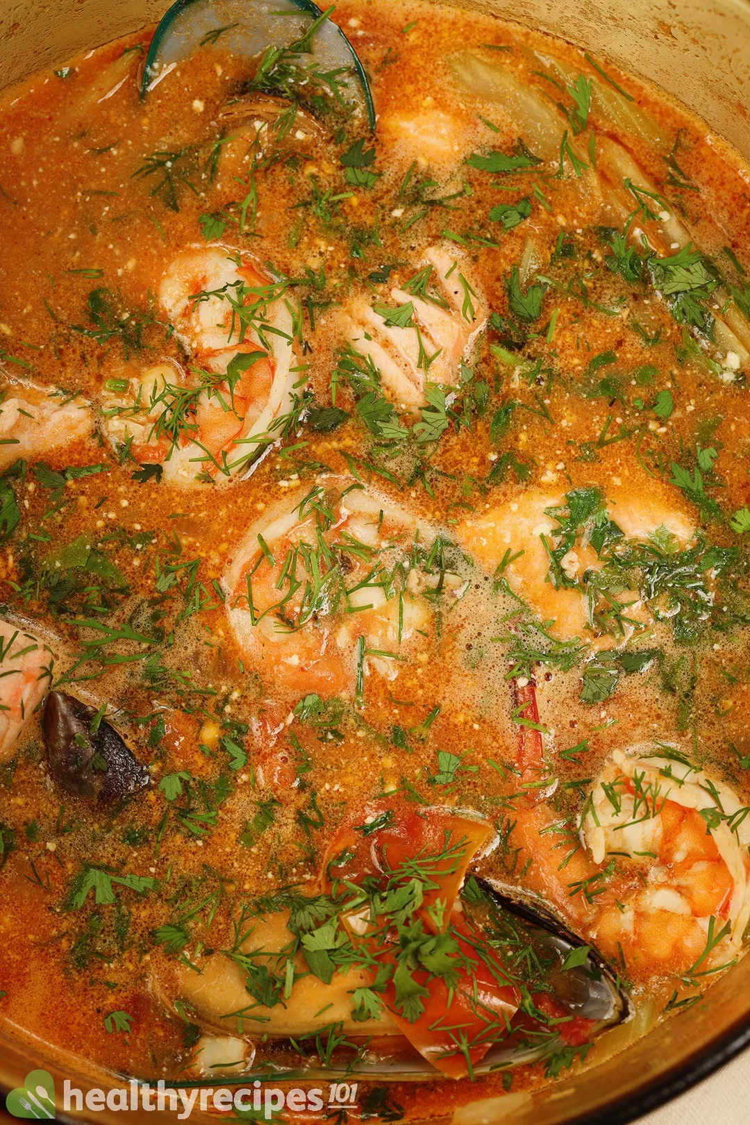 close shot of a pot of seafood soup