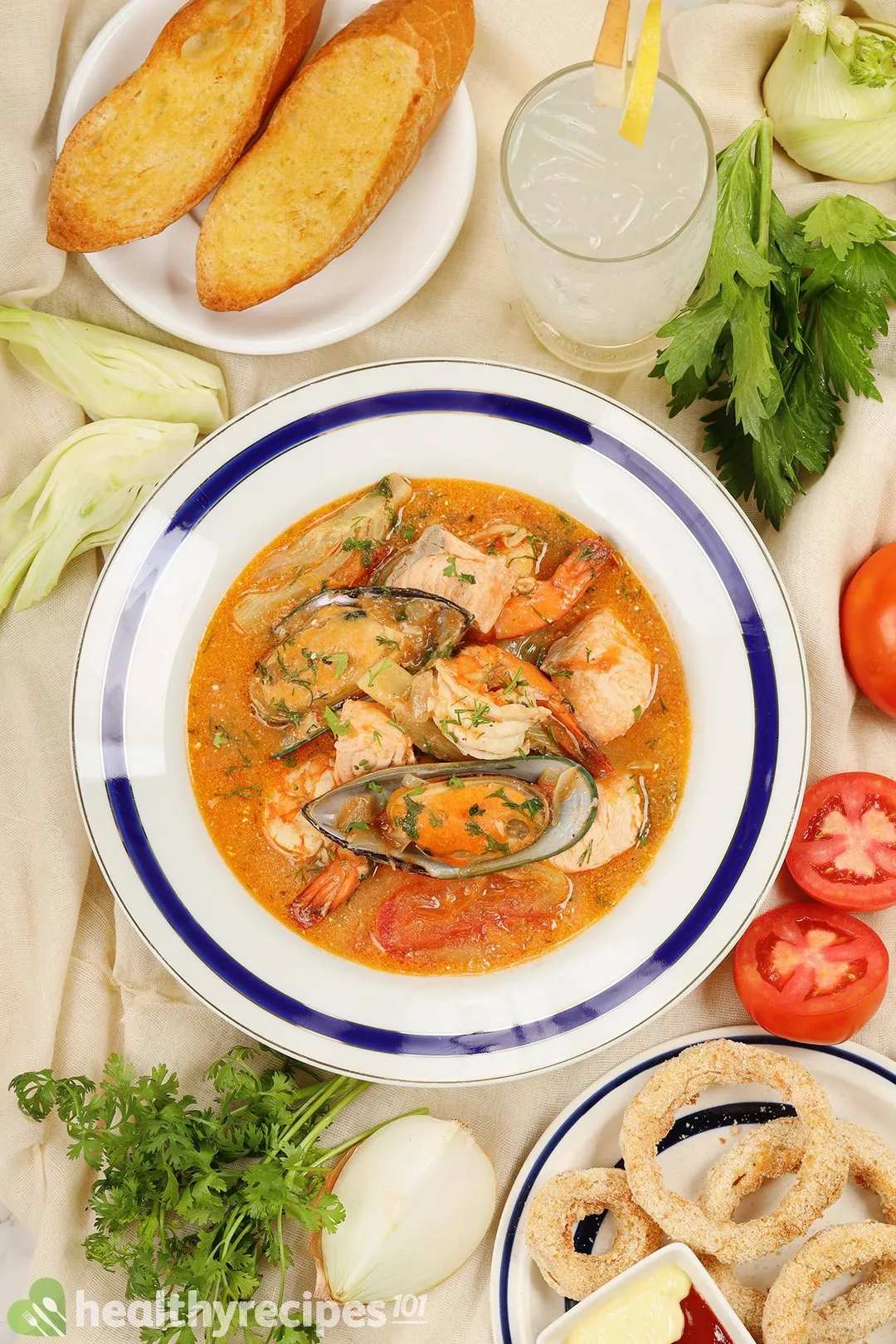 top view of a plate of seafood soup
