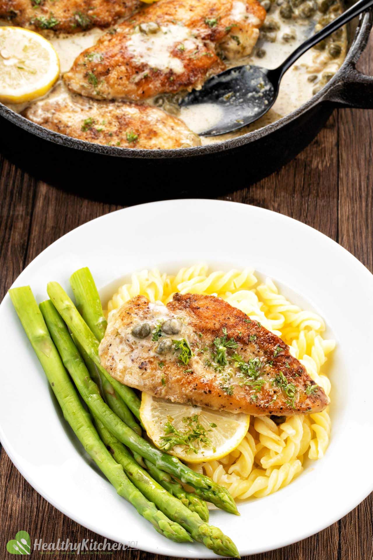 healthy chicken piccata with asparagus and capers