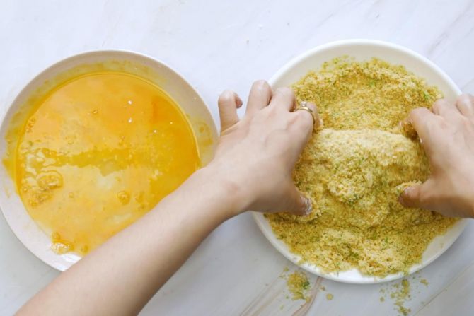 For each fish fillet: coat in flour, dip in the eggs, and coat with breadcrumbs