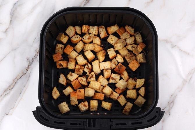 step 3: Air-fry (or bake) the bread cubes to make crunchy croutons