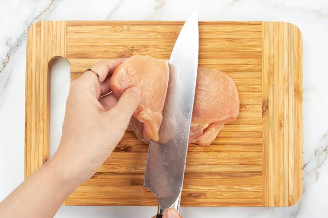 Step 1: Slice the chicken thinly.