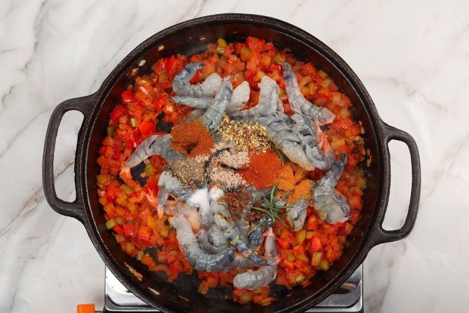 step 5: Add the shrimp and seasonings.