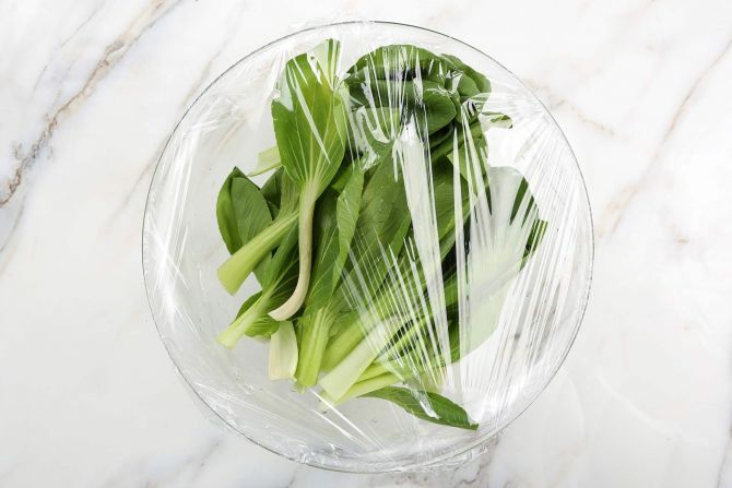 step 7: Microwave the bok choy then shock them in an ice bath.