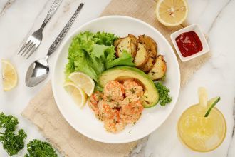 Step 4: Serve the shrimp over lettuce and avocado.